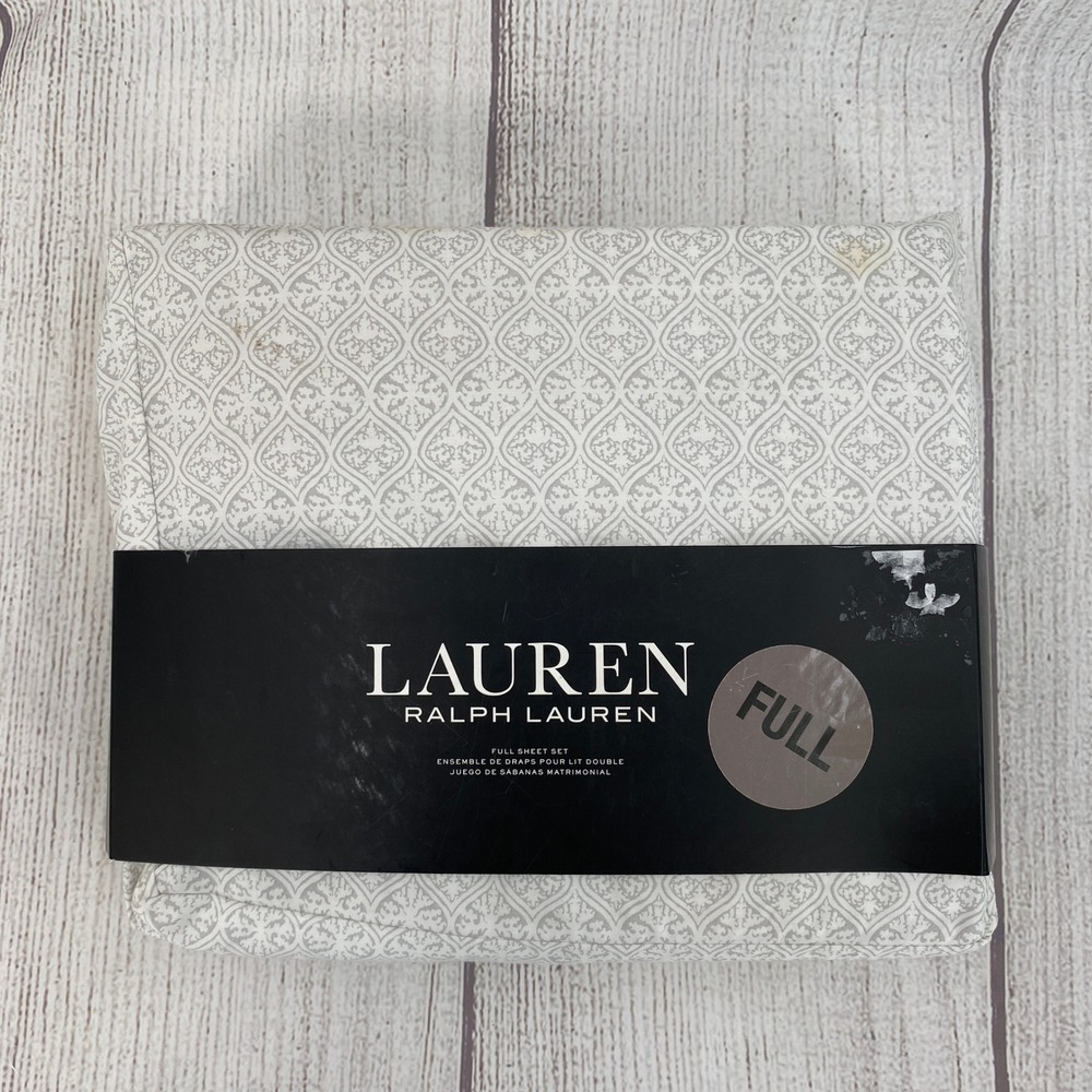 Lauren Ralph Lauren Sheet Set Full Grey White Damask Cotton Extra Deep Pocket